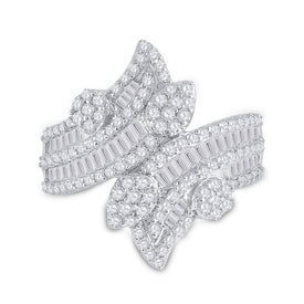 Radiant Elegance: 14kt White Gold Baguette Diamond Bypass Cluster Fashion Ring - Front View