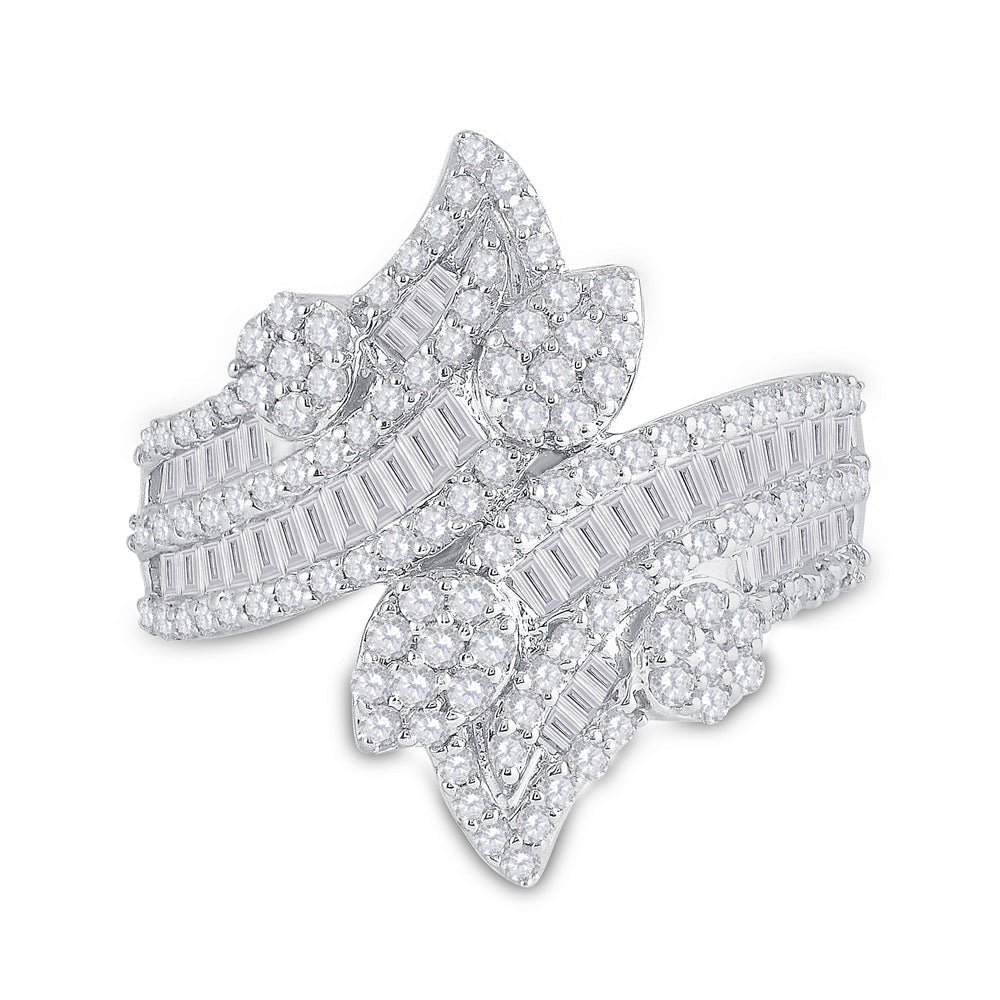 Radiant Elegance: 14kt White Gold Baguette Diamond Bypass Cluster Fashion Ring - Splendid Jewellery