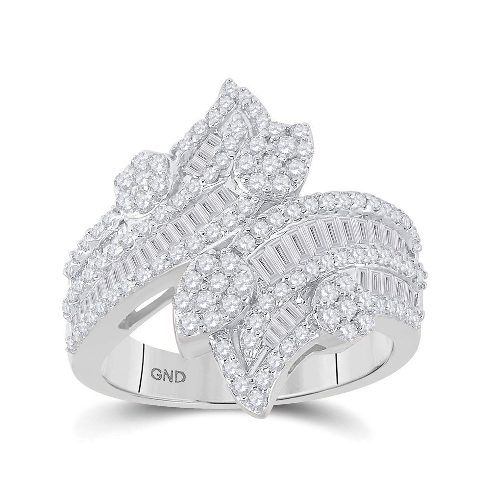 Radiant Elegance: 14kt White Gold Baguette Diamond Bypass Cluster Fashion Ring - Splendid Jewellery