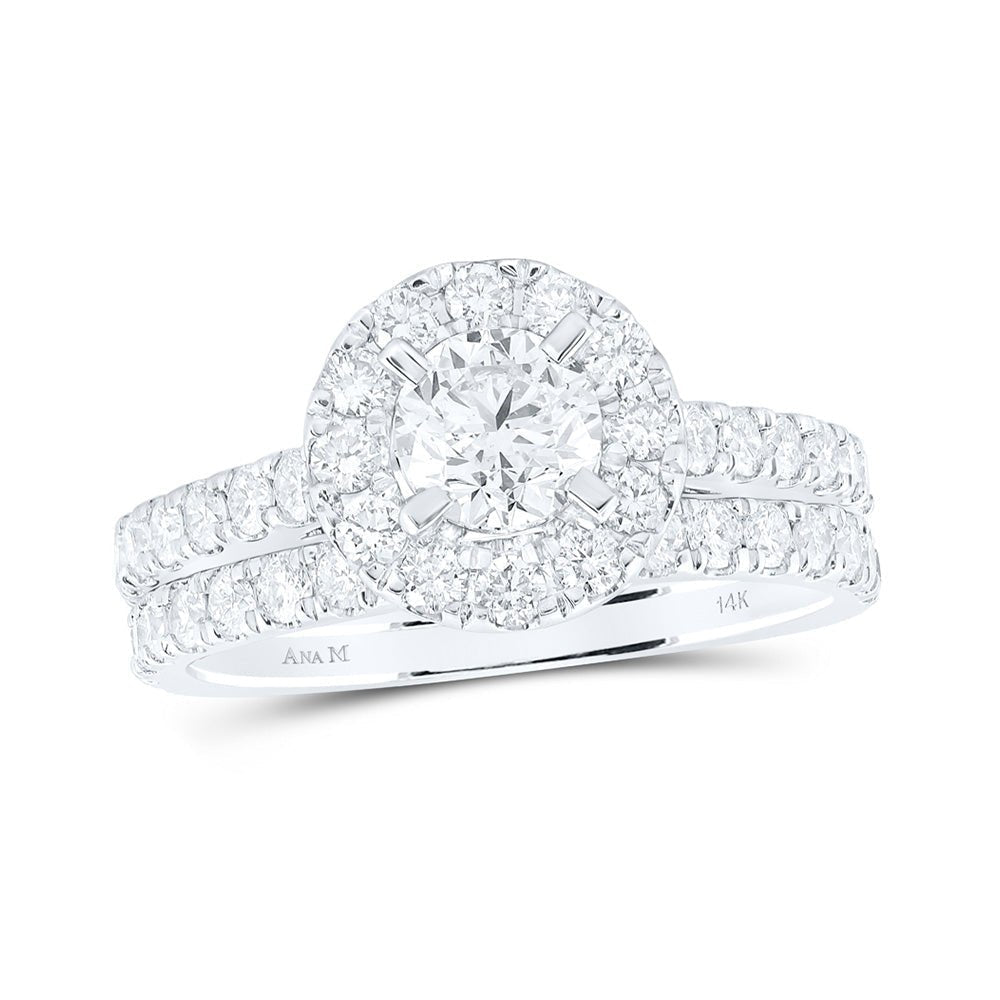 Radiant Elegance: 14kt White Gold Diamond Halo Bridal Wedding Ring Band Set - Splendid Jewellery