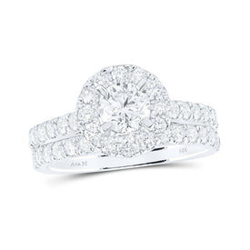 Radiant Elegance: 14kt White Gold Diamond Halo Bridal Wedding Ring Band Set - Splendid Jewellery