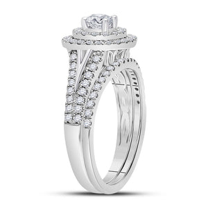 Radiant Elegance: 14kt White Gold Diamond Halo Bridal Wedding Ring Band Set - Splendid Jewellery