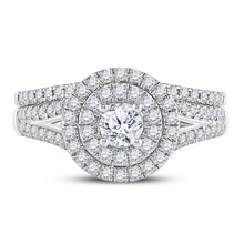 Load image into Gallery viewer, Radiant Elegance: 14kt White Gold Diamond Halo Bridal Wedding Ring Band Set - Front View