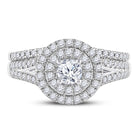 Radiant Elegance: 14kt White Gold Diamond Halo Bridal Wedding Ring Band Set - Front View