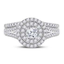 Radiant Elegance: 14kt White Gold Diamond Halo Bridal Wedding Ring Band Set - Front View