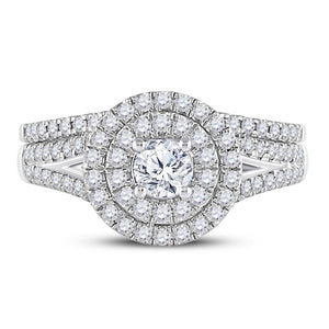 Radiant Elegance: 14kt White Gold Diamond Halo Bridal Wedding Ring Band Set - Splendid Jewellery