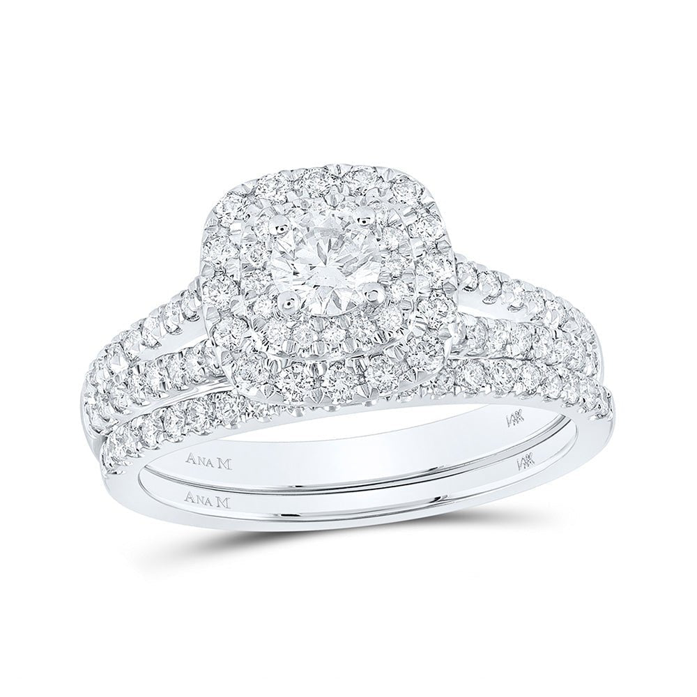 Radiant Elegance: 14kt White Gold Diamond Halo Bridal Wedding Ring Set - Splendid Jewellery