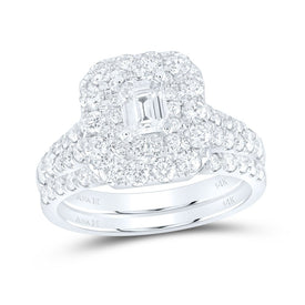 Radiant Elegance: 14kt White Gold Emerald Diamond Halo Bridal Wedding Ring Band Set - Top View
