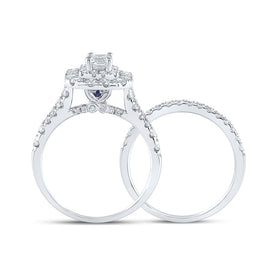 Radiant Elegance: 14kt White Gold Emerald Diamond Halo Bridal Wedding Ring Band Set - Side View