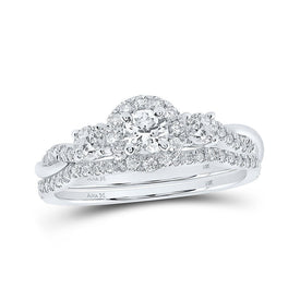 Radiant Elegance: 14kt White Gold Round Diamond Halo Bridal Wedding Ring Band Set 3/4 Cttw - Splendid Jewellery