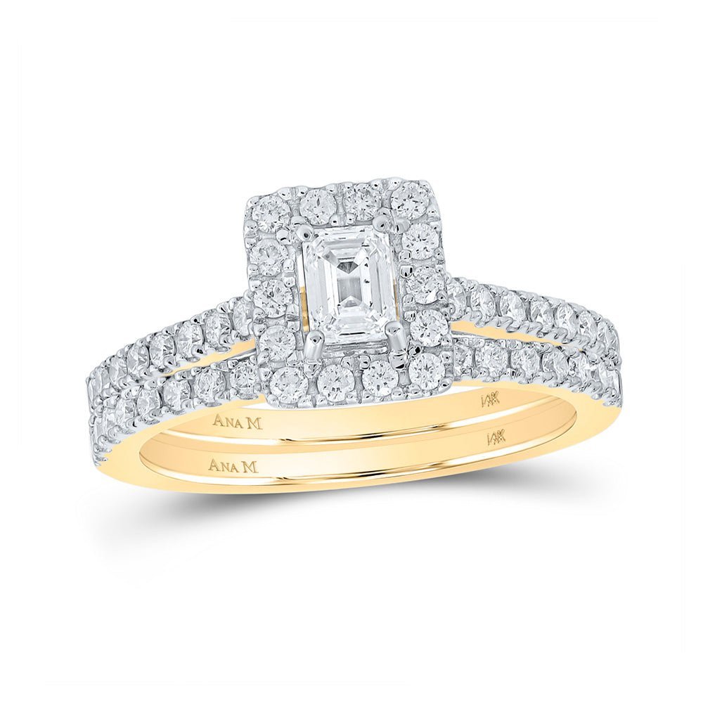 Radiant Elegance: 14kt Yellow Gold Emerald Diamond Halo Bridal Wedding Ring Band Set 1 Cttw - Splendid Jewellery