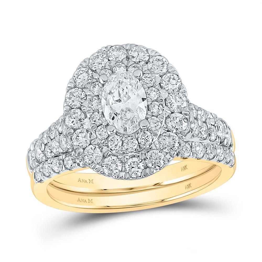 Radiant Elegance: 14kt Yellow Gold Oval Diamond Halo Bridal Wedding Ring Band Set 2 Cttw - Splendid Jewellery