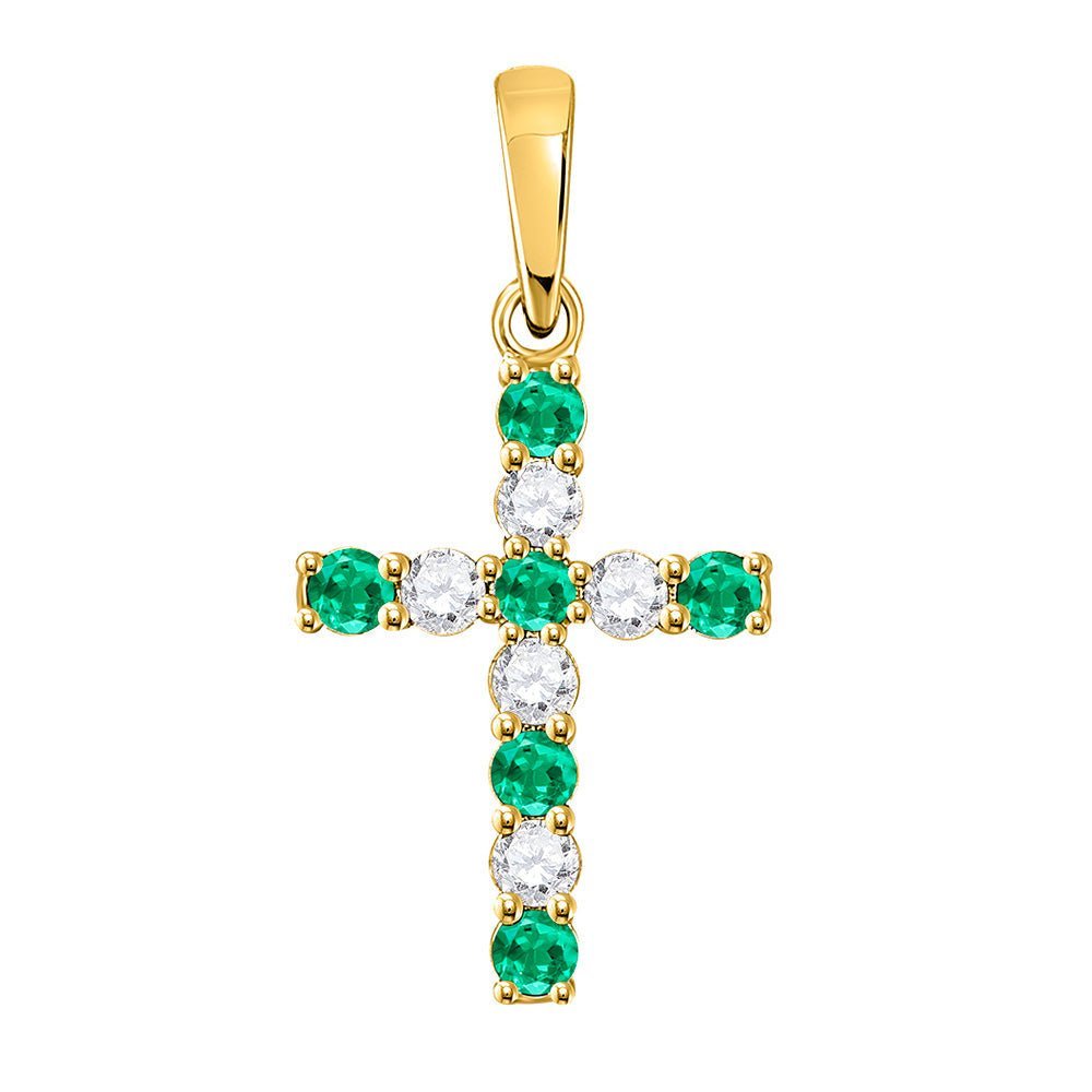 Radiant Emerald Cross Pendant | 10kt Yellow Gold Womens Round Lab - Created Emerald Cross Pendant 1/3 Cttw - Splendid Jewellery