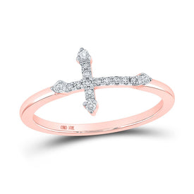 Radiant Faith: 10kt Rose Gold Womens Round Diamond Cross Ring 1/10 Cttw - Splendid Jewellery