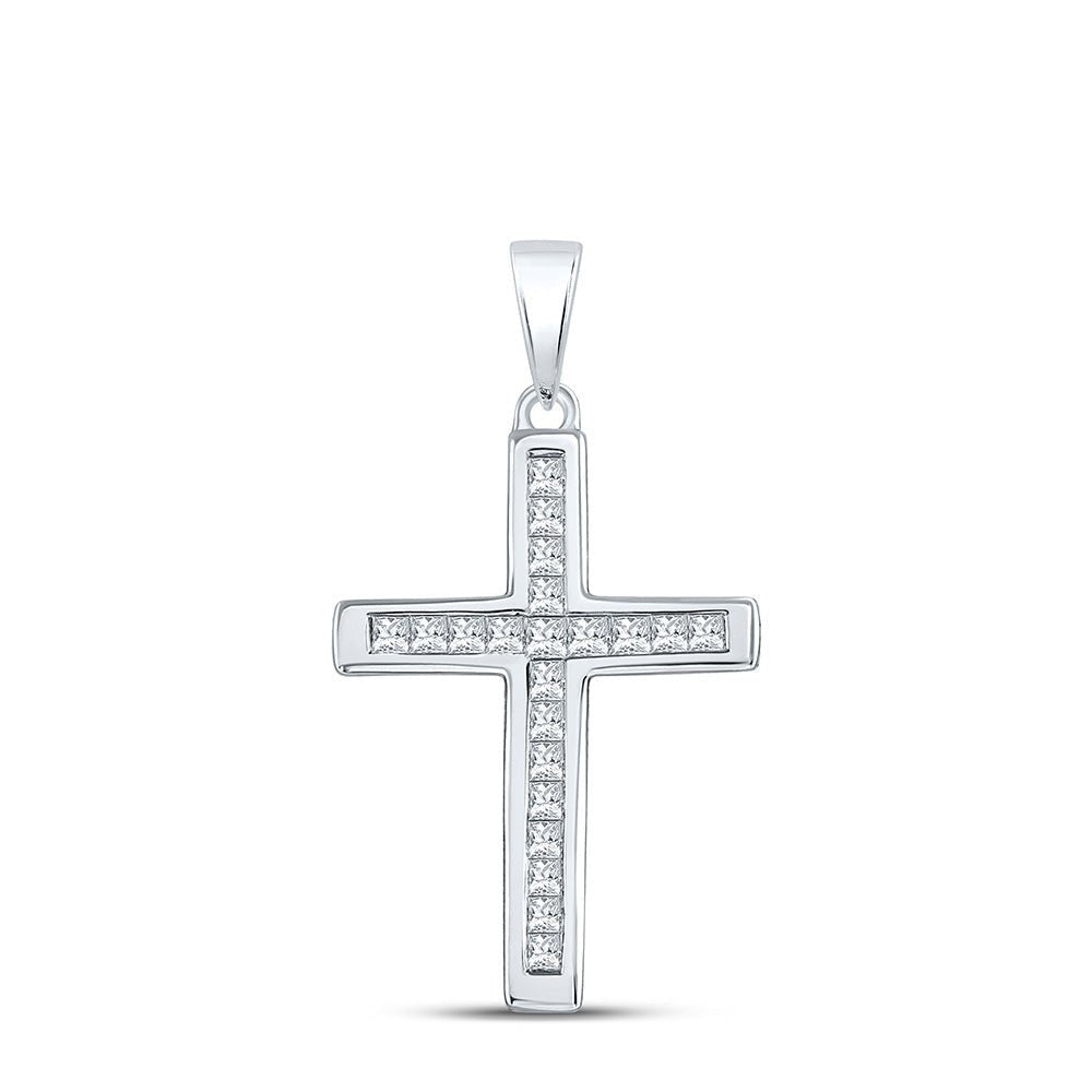 Radiant Grace: 10kt White Gold Princess Diamond Cross Pendant - Splendid Jewellery