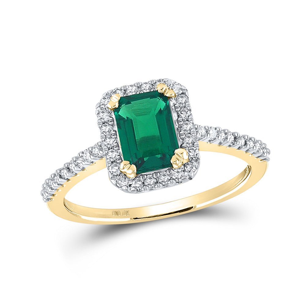 Radiant Green Elegance: 10kt Yellow Gold Womens Lab - Created Emerald Diamond Solitaire Ring - Splendid Jewellery