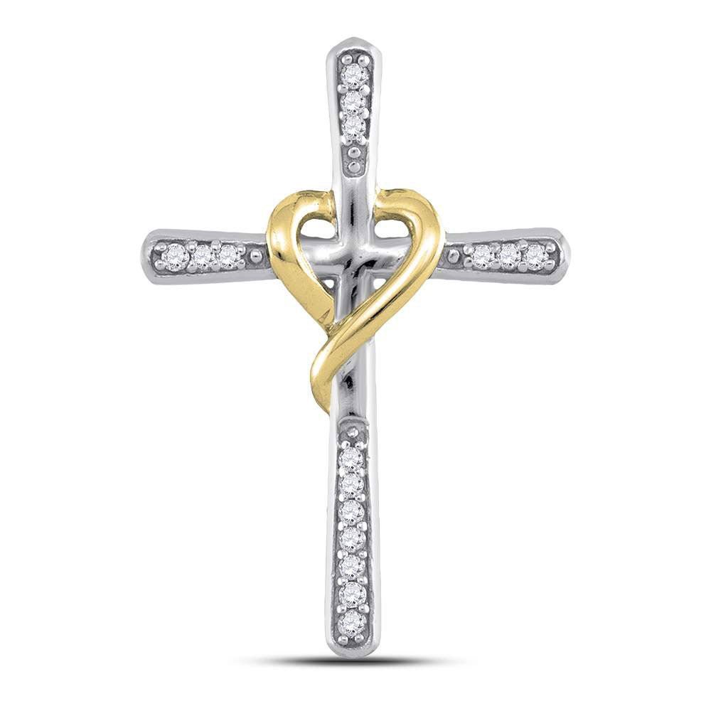 Radiant Harmony: 10kt Two - tone Gold Womens Round Diamond Cross Pendant 1/20 Cttw - Splendid Jewellery