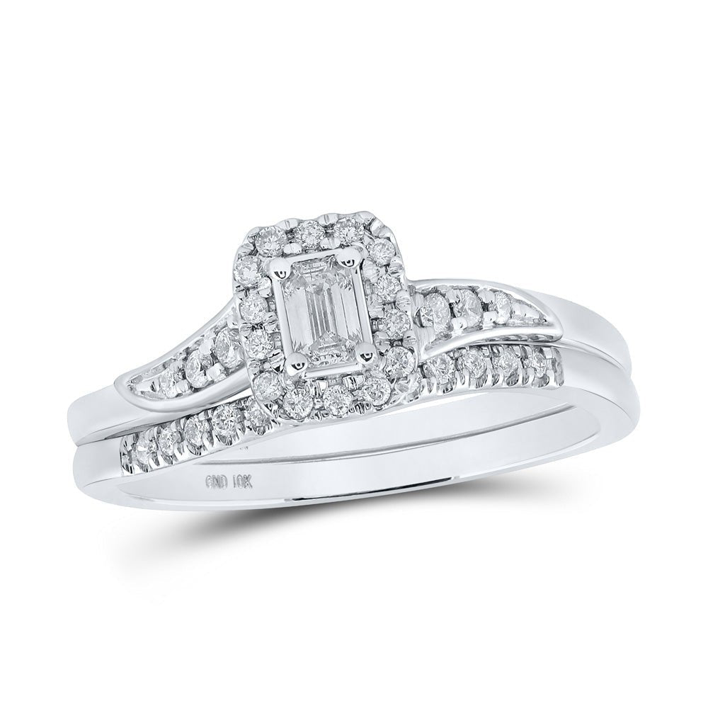 Radiant Love: 10kt White Gold Emerald Diamond Halo Bridal Wedding Ring Band Set 1/3 Cttw - Splendid Jewellery