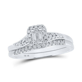 Radiant Love: 10kt White Gold Emerald Diamond Halo Bridal Wedding Ring Band Set 1/3 Cttw - Splendid Jewellery
