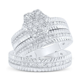 Radiant Love: 10kt White Gold His Hers Round Diamond Cluster Matching Wedding Set 1 Cttw - Splendid Jewellery