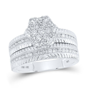 Radiant Love: 10kt White Gold His Hers Round Diamond Cluster Matching Wedding Set 1 Cttw - Splendid Jewellery