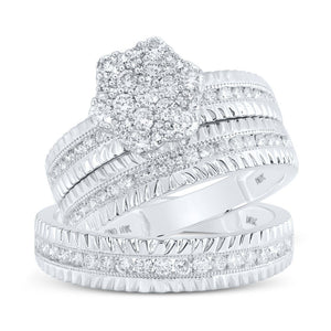 Radiant Love: 10kt White Gold His Hers Round Diamond Cluster Matching Wedding Set 1 Cttw - Splendid Jewellery