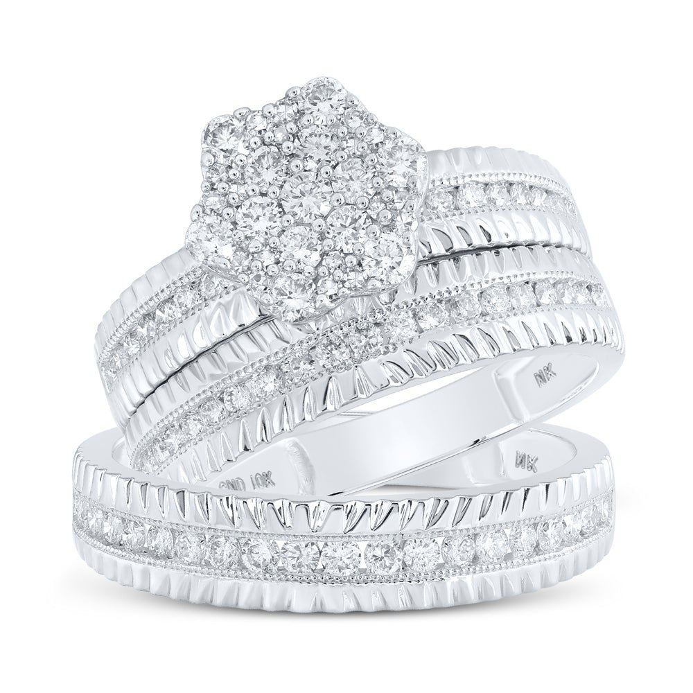 Radiant Love: 10kt White Gold His Hers Round Diamond Cluster Matching Wedding Set 1 Cttw - Splendid Jewellery