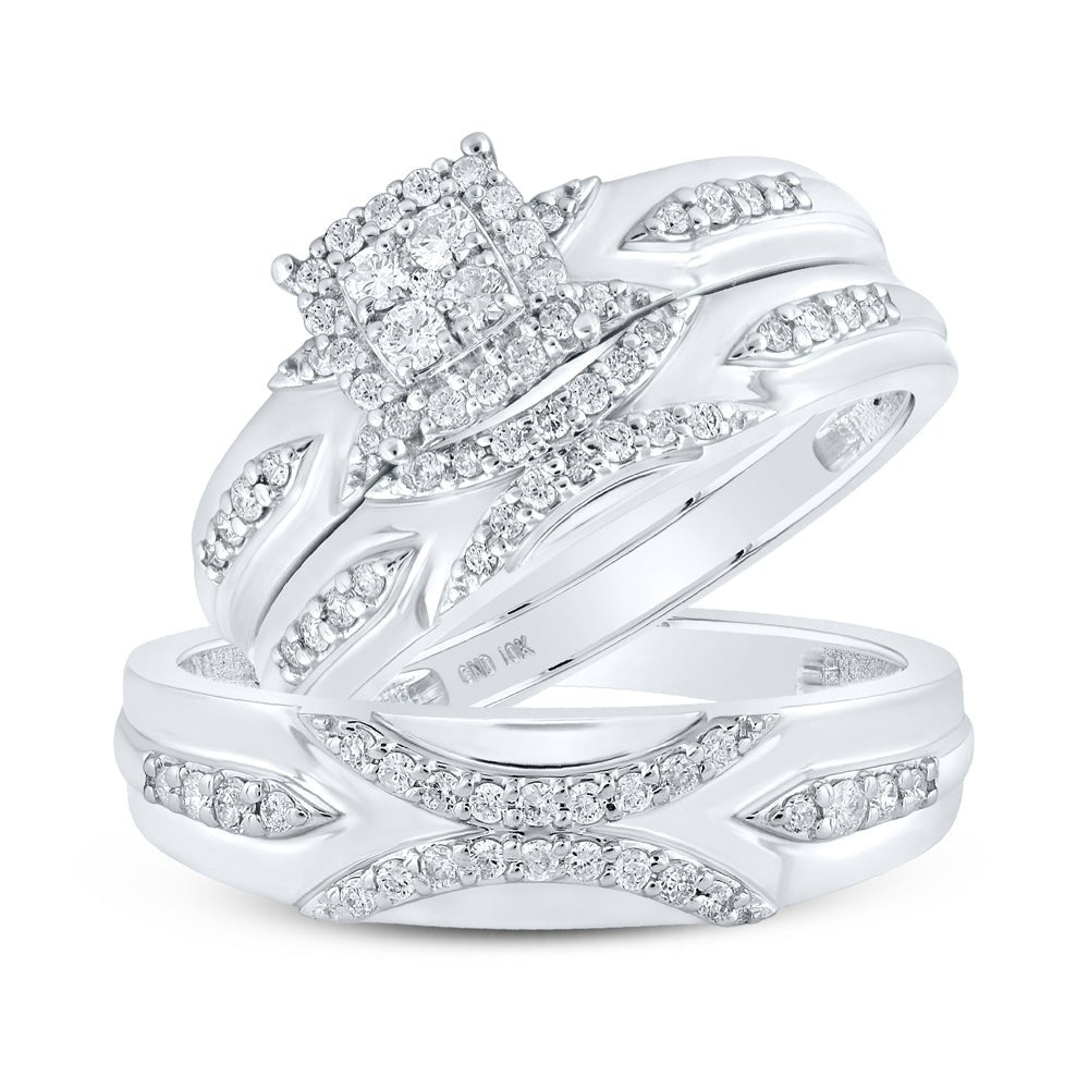 Radiant Love: 10kt White Gold His Hers Round Diamond Cluster Matching Wedding Set 1/2 Cttw - Splendid Jewellery