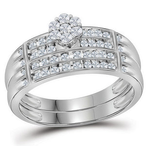 Radiant Love: 10kt White Gold His Hers Round Diamond Cluster Matching Wedding Set - Splendid Jewellery