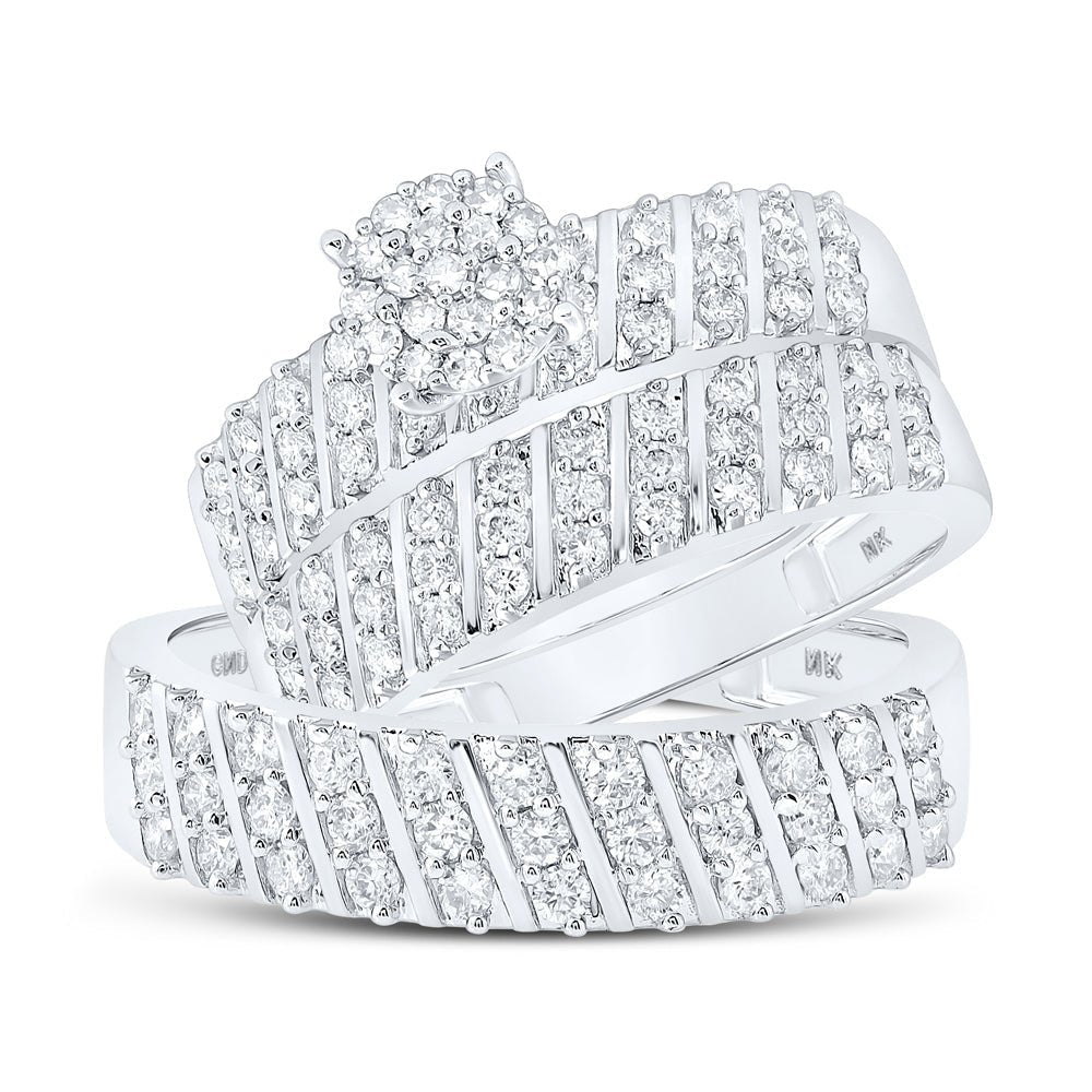 Radiant Love: 10kt White Gold His Hers Round Diamond Cluster Wedding Set - Splendid Jewellery