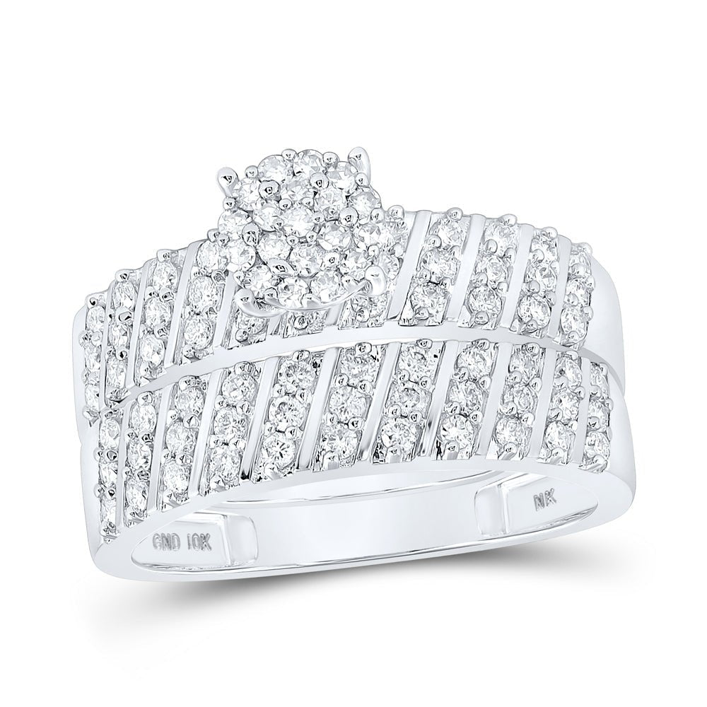 Radiant Love: 10kt White Gold His Hers Round Diamond Cluster Wedding Set - Splendid Jewellery