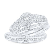 Load image into Gallery viewer, Radiant Love: 10kt White Gold His Hers Round Diamond Halo Matching Wedding Set 1 Cttw - Splendid Jewellery