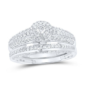 Radiant Love: 10kt White Gold His Hers Round Diamond Halo Matching Wedding Set 1 Cttw - Alternate view 3 from Splendid Jewellery
