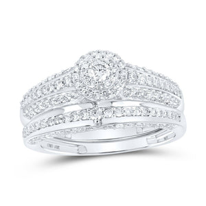 Radiant Love: 10kt White Gold His Hers Round Diamond Halo Matching Wedding Set 1 Cttw - Splendid Jewellery