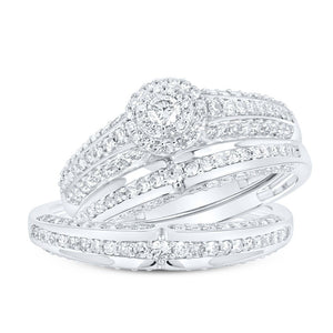 Radiant Love: 10kt White Gold His Hers Round Diamond Halo Matching Wedding Set 1 Cttw - Splendid Jewellery