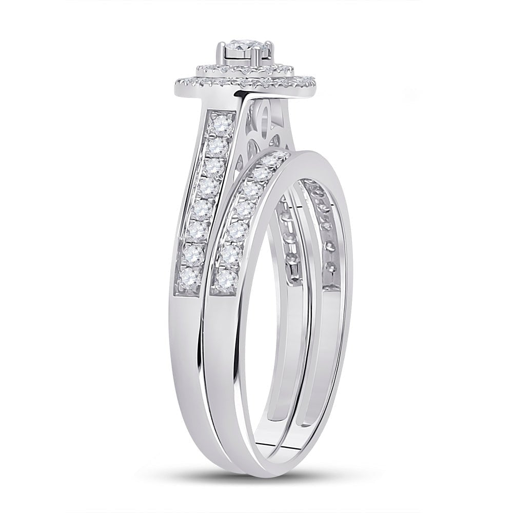 Radiant Love: 10kt White Gold Round Diamond Halo Bridal Wedding Ring Band Set - Splendid Jewellery