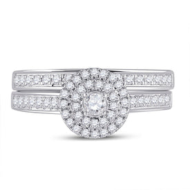 Radiant Love: 10kt White Gold Round Diamond Halo Bridal Wedding Ring Band Set - Alternate view 4 from Splendid Jewellery
