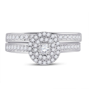 Radiant Love: 10kt White Gold Round Diamond Halo Bridal Wedding Ring Band Set - Splendid Jewellery