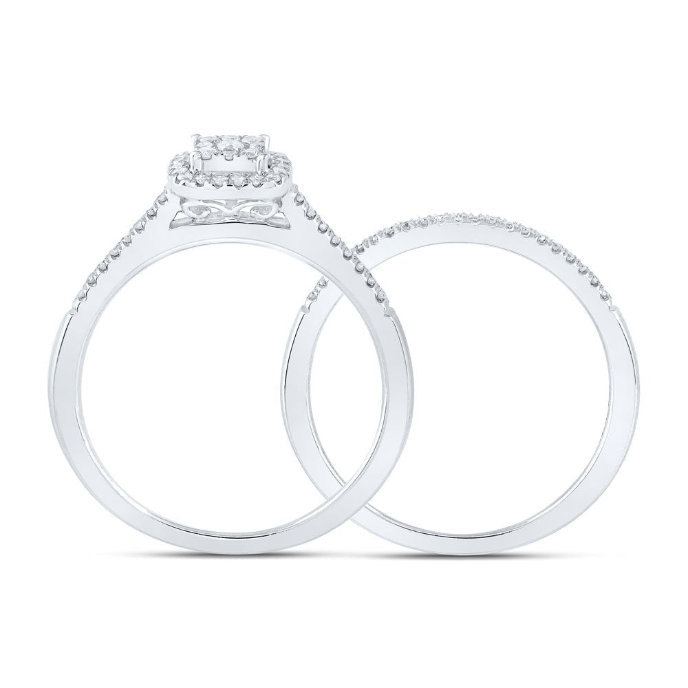 Radiant Love: 10kt White Gold Round Diamond Halo Bridal Wedding Ring Band Set - Splendid Jewellery