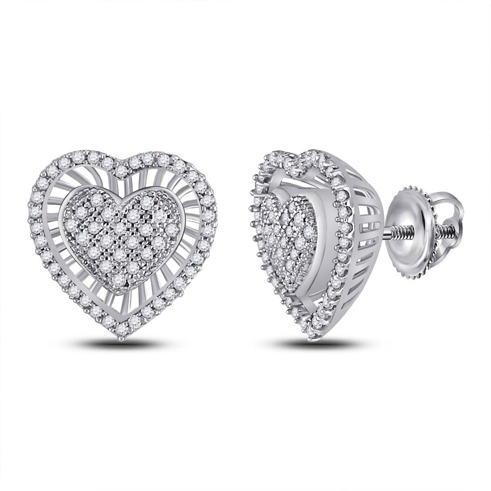 Radiant Love: 10kt White Gold Womens Round Diamond Heart Cluster Earrings 1/3 Cttw - Splendid Jewellery