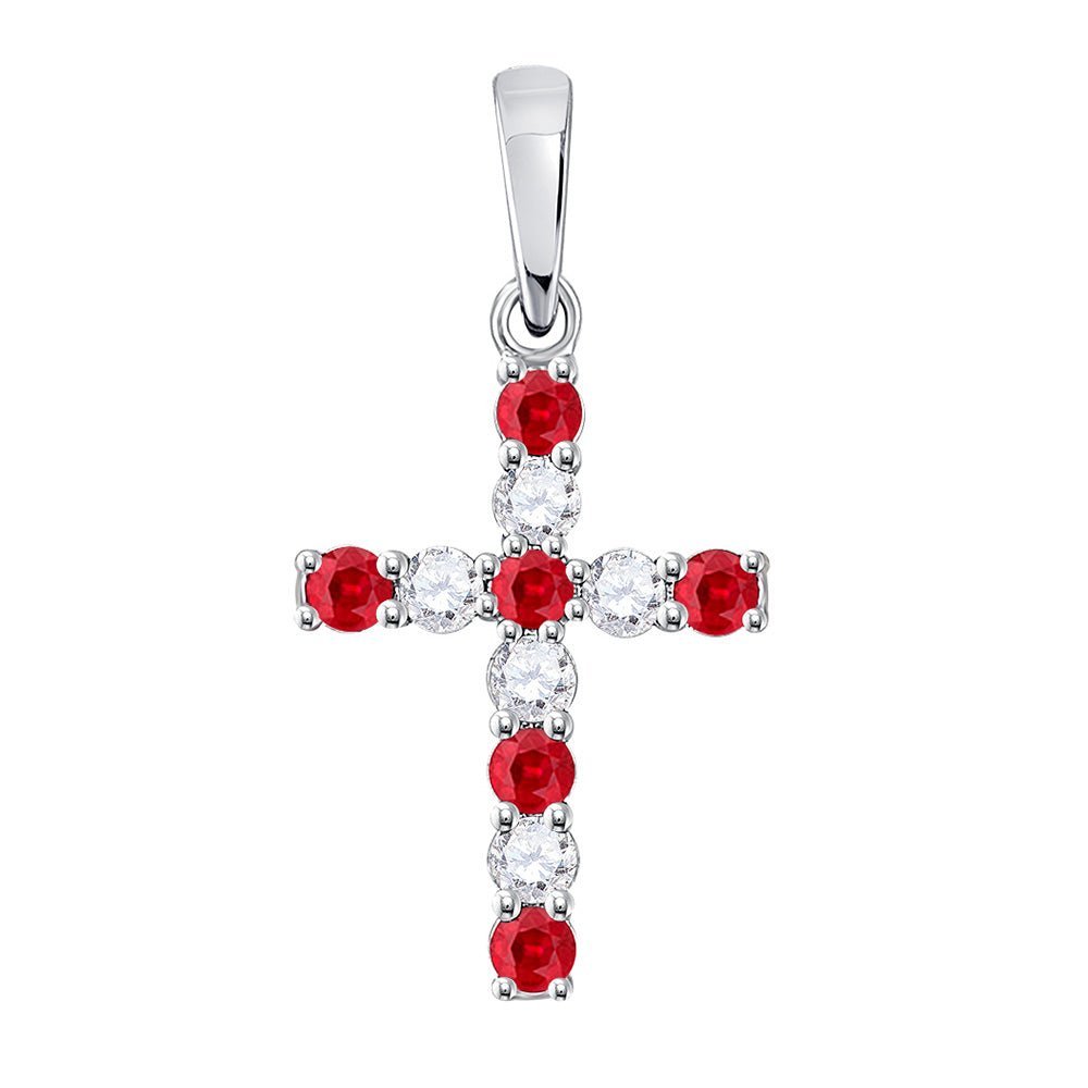 Radiant Love: 10kt White Gold Womens Round Lab - Created Ruby Faith Cross Pendant 3/8 Cttw - Splendid Jewellery