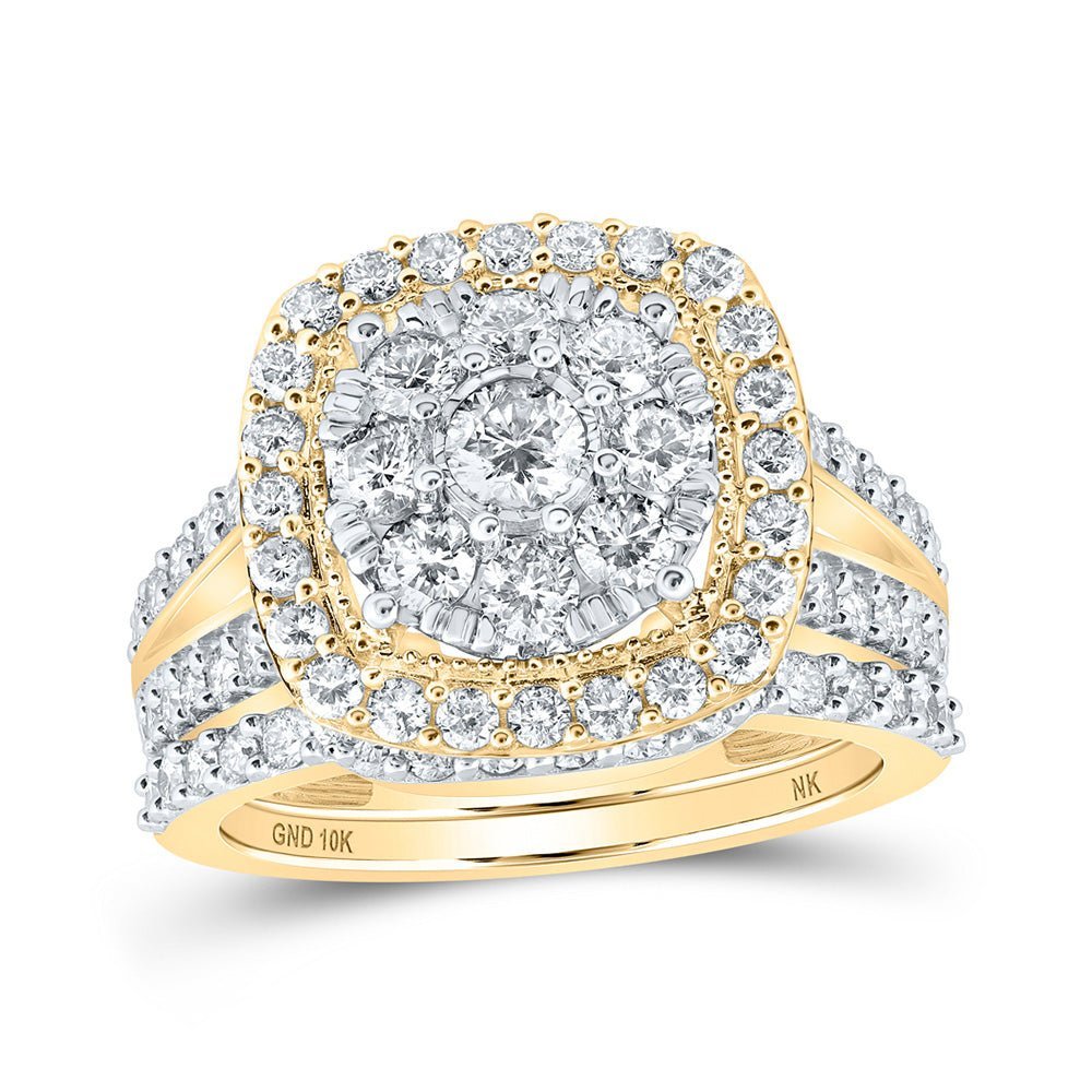 Radiant Love: 10kt Yellow Gold Diamond Cluster Bridal Wedding Ring Band Set - Splendid Jewellery