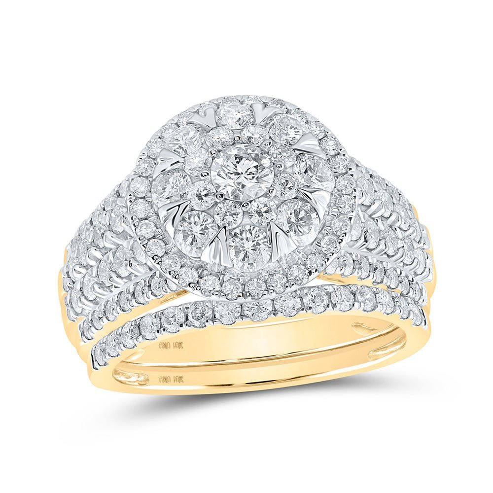 Radiant Love: 10kt Yellow Gold Diamond Halo Bridal Wedding Ring Band Set - Splendid Jewellery
