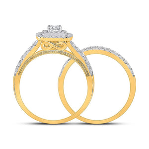 Radiant Love: 10kt Yellow Gold Diamond Halo Bridal Wedding Ring Band Set - Splendid Jewellery