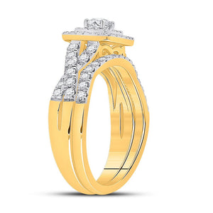 Radiant Love: 10kt Yellow Gold Diamond Halo Bridal Wedding Ring Band Set - Splendid Jewellery