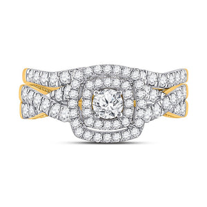 Radiant Love: 10kt Yellow Gold Diamond Halo Bridal Wedding Ring Band Set - Splendid Jewellery