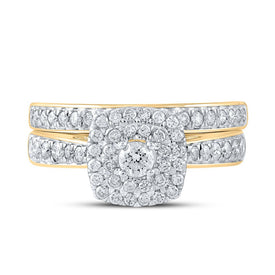 Radiant Love 10kt Yellow Gold Diamond Halo Bridal Wedding Ring Band Set product Top View from Splendid Jewellery