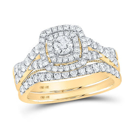 Radiant Love: 10kt Yellow Gold Diamond Halo Bridal Wedding Ring Band Set product  Top View from Splendid Jewellery