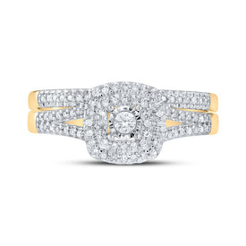 Radiant Love 10kt Yellow Gold Diamond Halo Bridal Wedding Ring Band Set product Top View from Splendid Jewellery