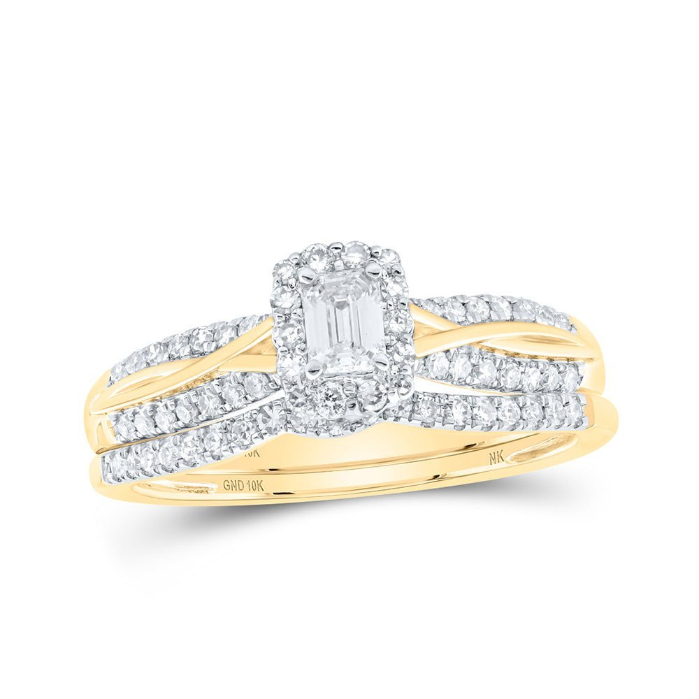 Radiant Love: 10kt Yellow Gold Emerald Diamond Halo Bridal Wedding Ring Band Set - Splendid Jewellery